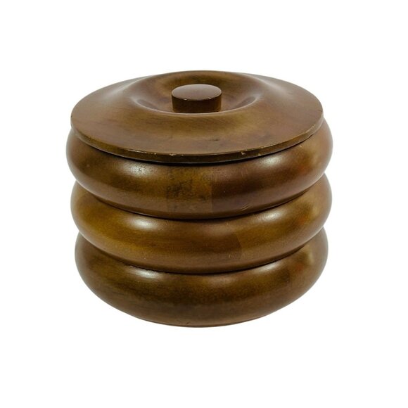 Hellerware Wooden Stacking Bowl Set of 3 Natural Wood Round Lid Vintage Serving - Picture 1 of 10